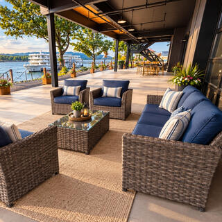 A stylish waterfront café features cozy outdoor seating, lush greenery, and modern decor, perfect for relaxing at sunset.
